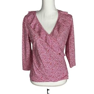 J Mclaughlin XS Pink Patterned Ruffle Neck 3/4 Sleeve Top